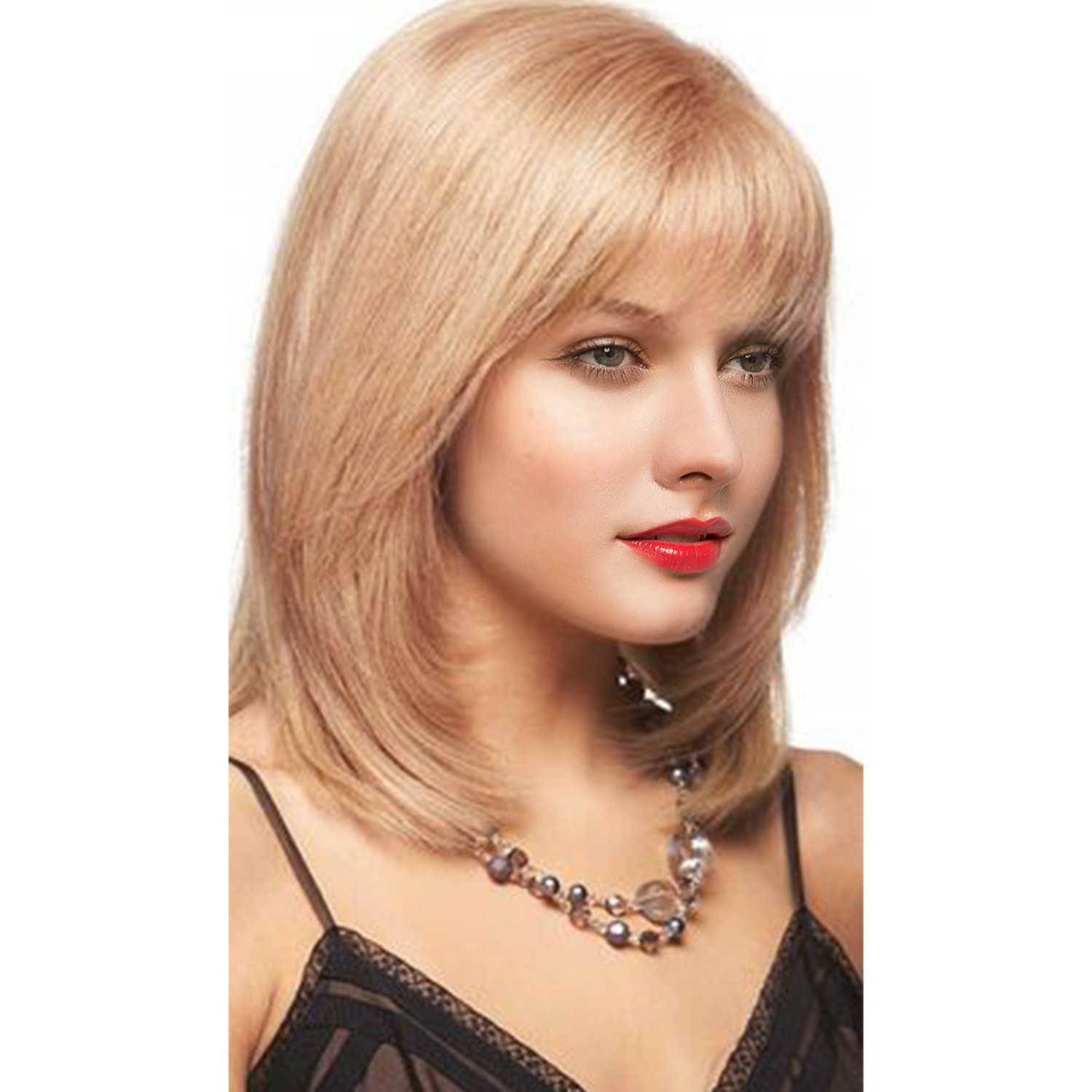 Full Bang Shoulder Length Layered Cut Human Hair Blend Women Wigs