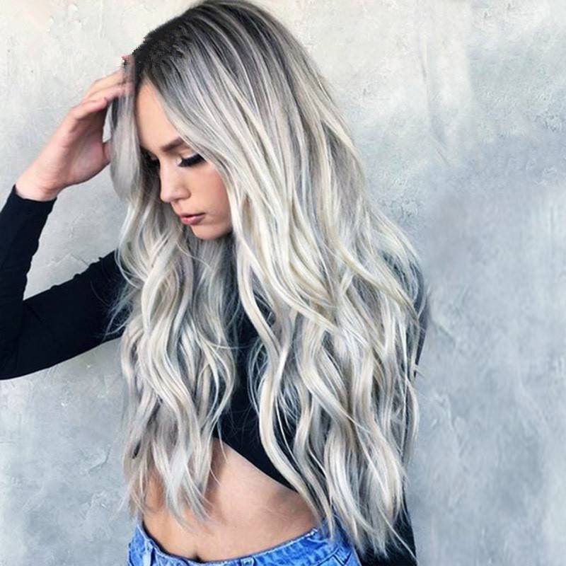 Natural Full Wigs Hair Long Wavy Wig Synthetic Heat Resistant Ombre Silver Lace Front Wigs 26Inches