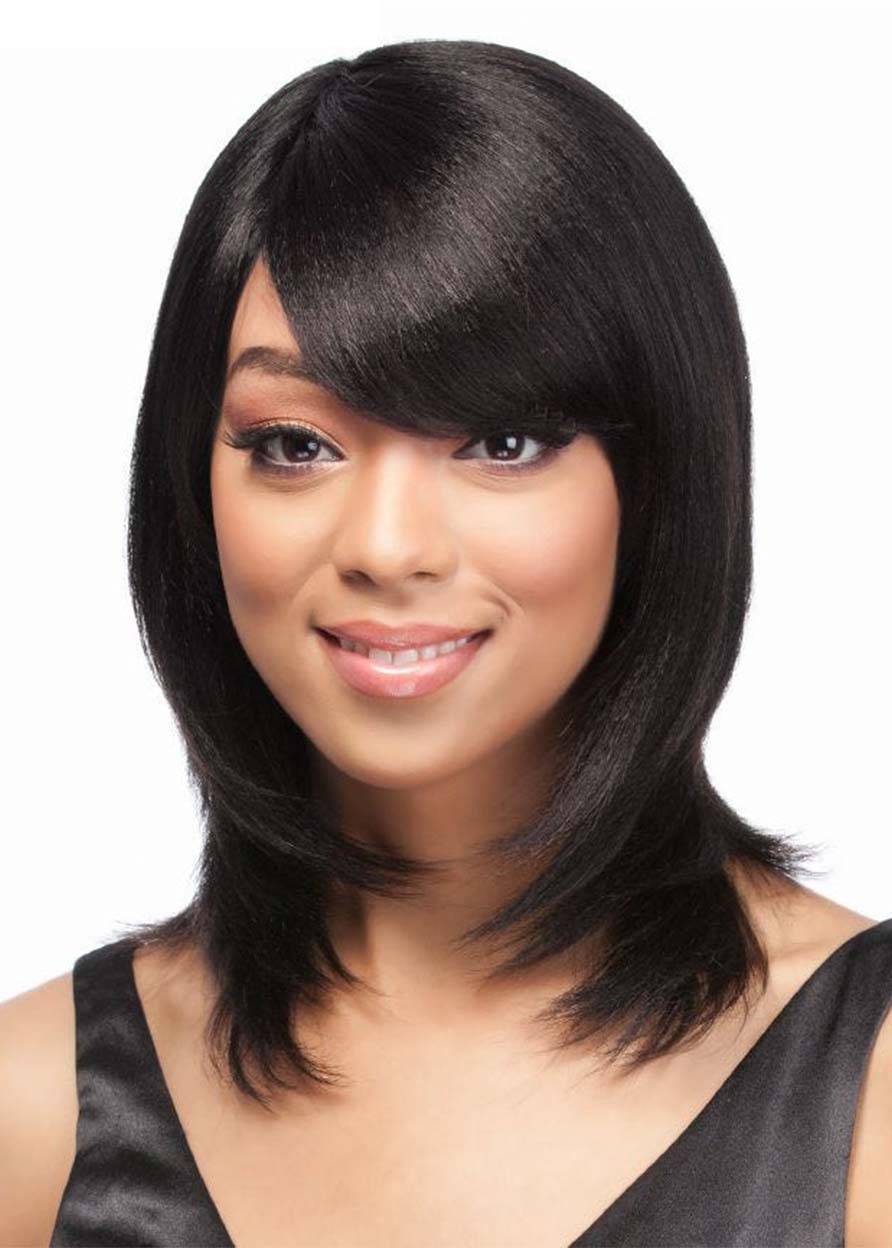 Women's Medium Length Shaggy Hairstyle Straight Human Hair Capless Wigs With Bangs 14Inch