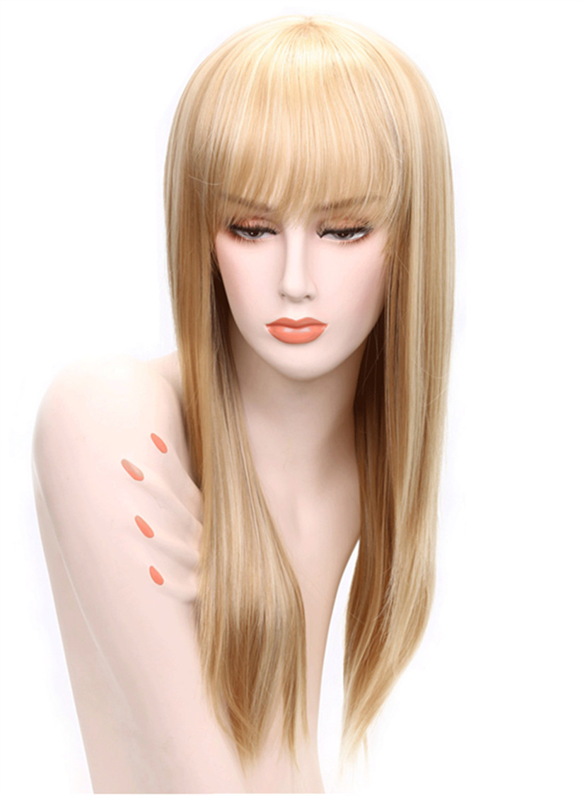 Aisi® Long Straight Blonde With Bangs Hairstyle Capless Synthetic Hair Wig 26 Inches