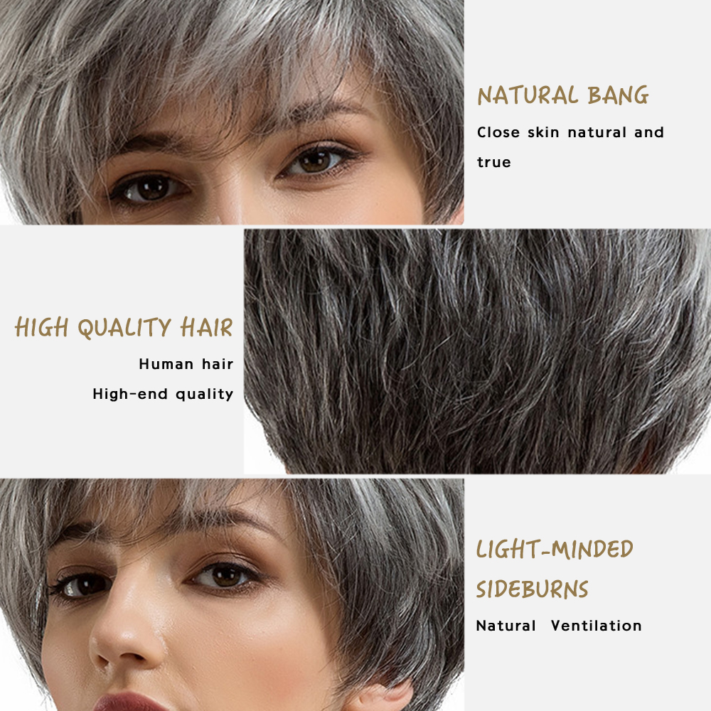 Boy Cut Granny Gray Human Hair Womenn Capless Wig 8 Inches