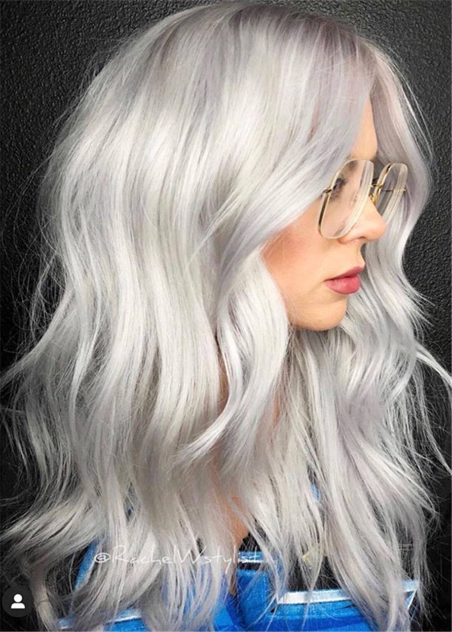 All-over Natural Silver-White Synthetic Straight Hair Women Capless Wigs 20 Inches