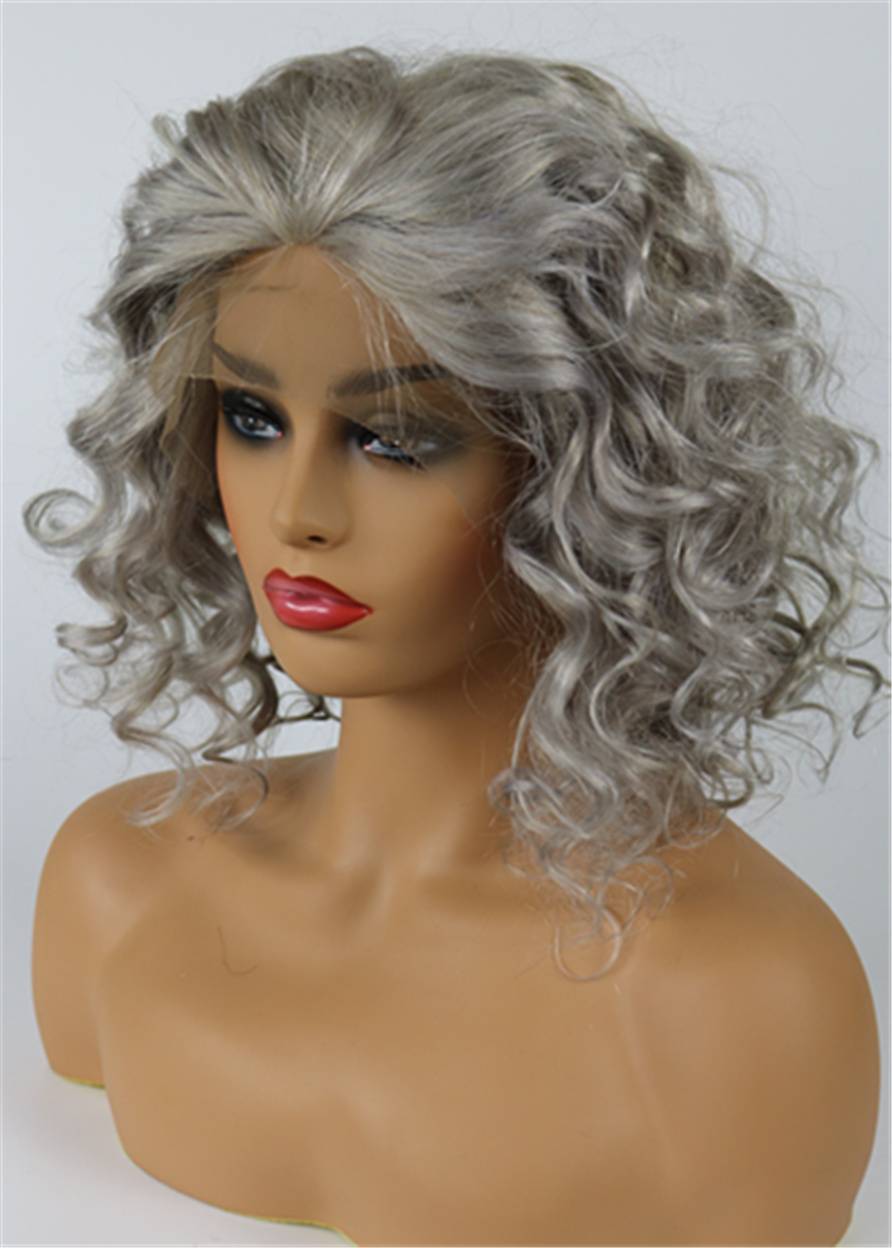 Medium Salt And Pepper Hair Curly Human Hair Lace Front Women Wigs for Older Women