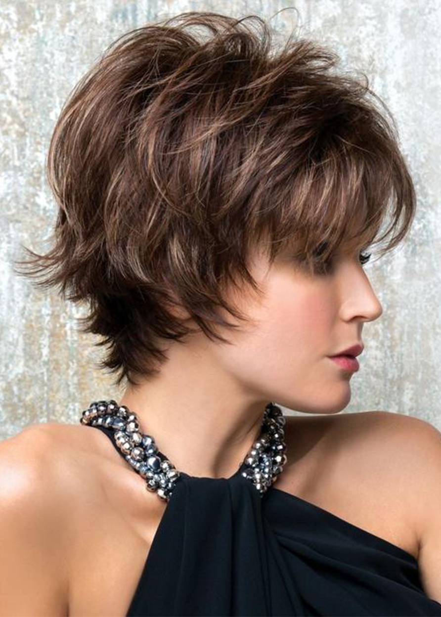 Women's Short Shaggy Hairstyles Layered Straight Human Hair Capless Wigs 8Inch