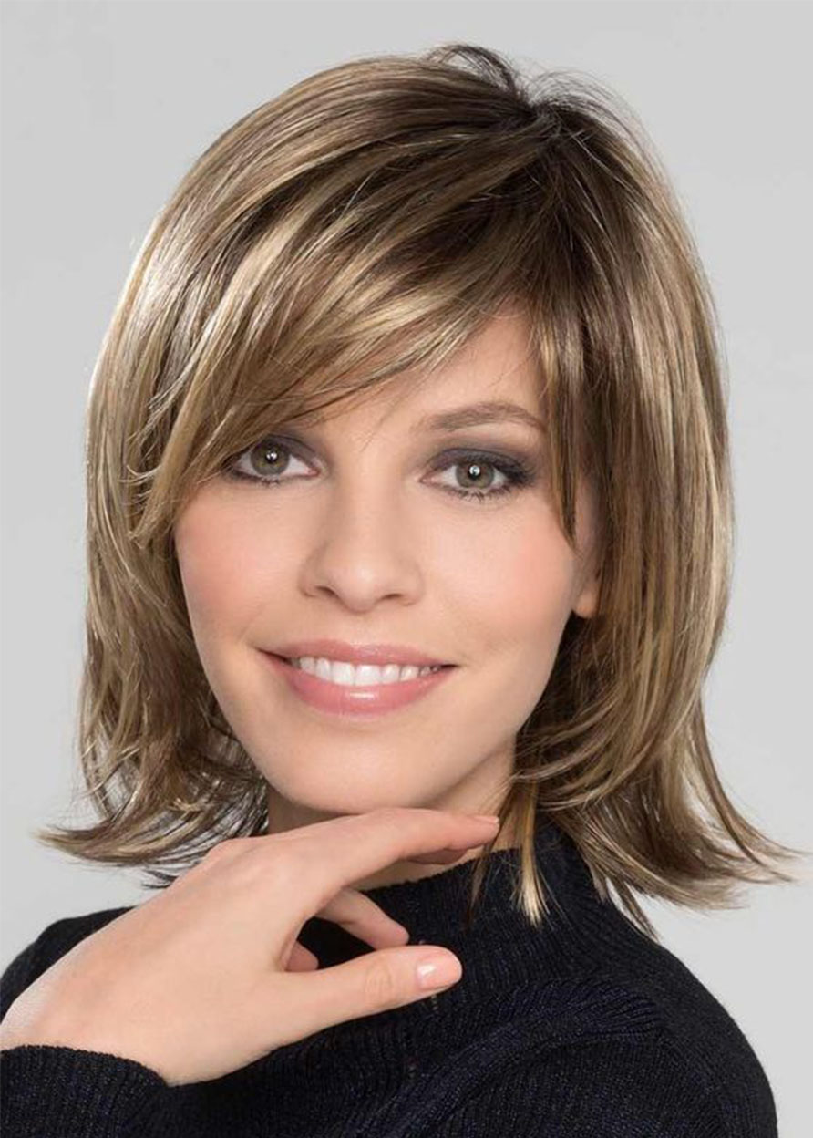 Women's Sweet Shaggy Bob Medium Hairstyles Straight Synthetic Hair With Bangs Capless Wigs 12 Inches