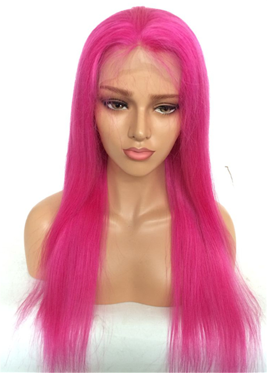 Long Straight Human Hair Rose Red Women Lace Front Wig