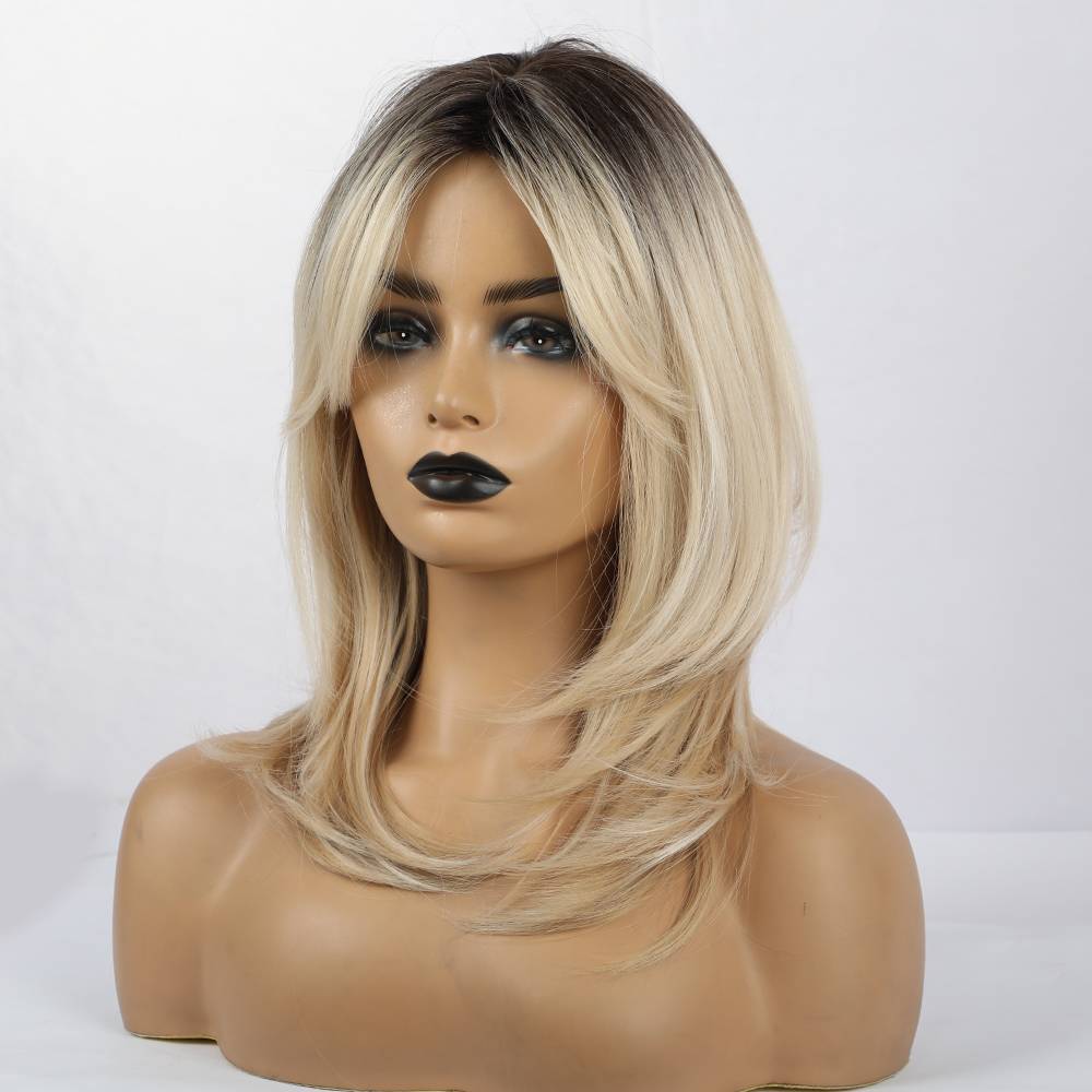 Ombre Blonde Layered Straight Synthetic Wigs With Bangs For American African Women