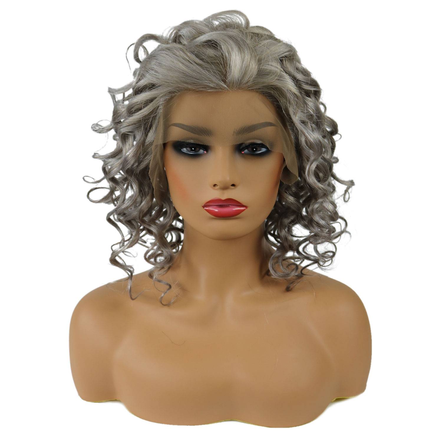 Salt and Pepper Hair Medium Length Human Hair Lace Front Curly Wigs 18 Inches