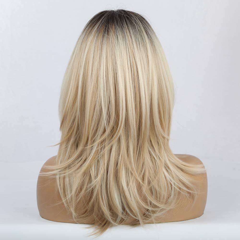 Ombre Blonde Layered Straight Synthetic Wigs With Bangs For American African Women