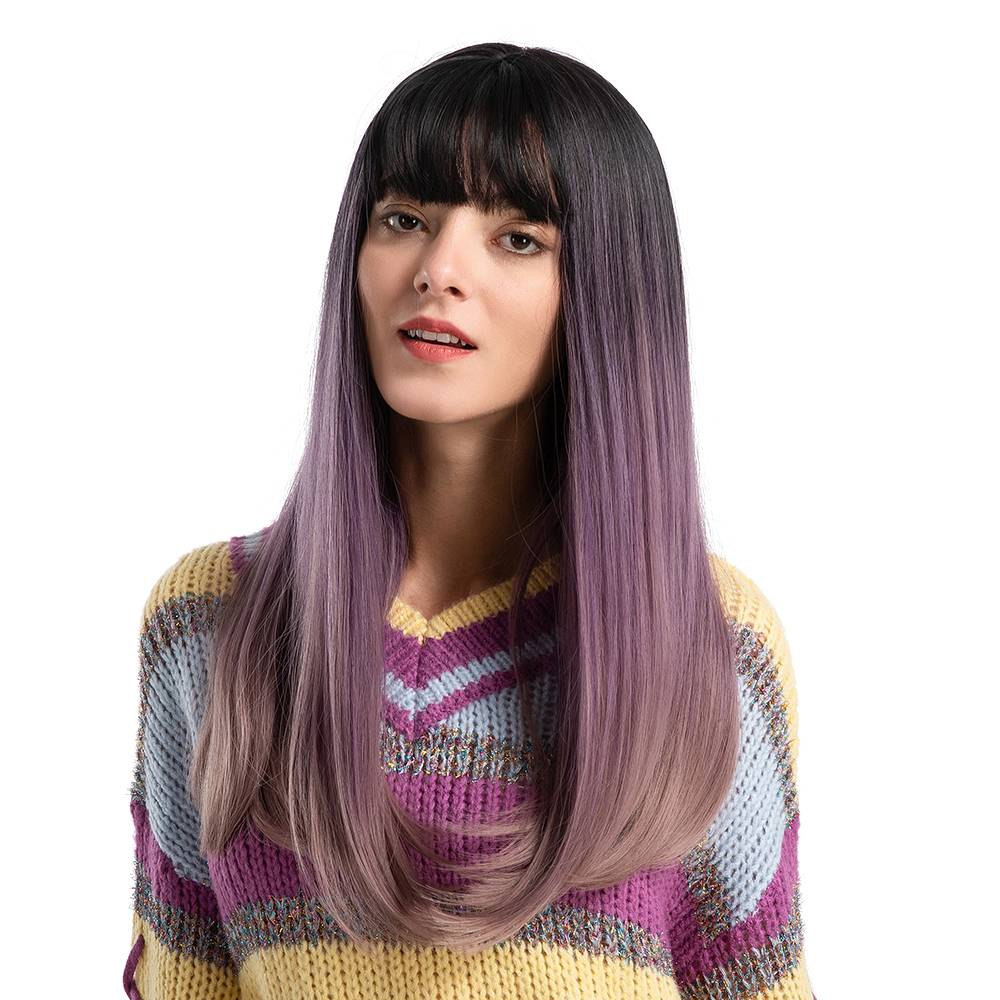 130% Density Long Straight Hair Wigs Black&Purple Color Synthetic Capless Wig 24inch