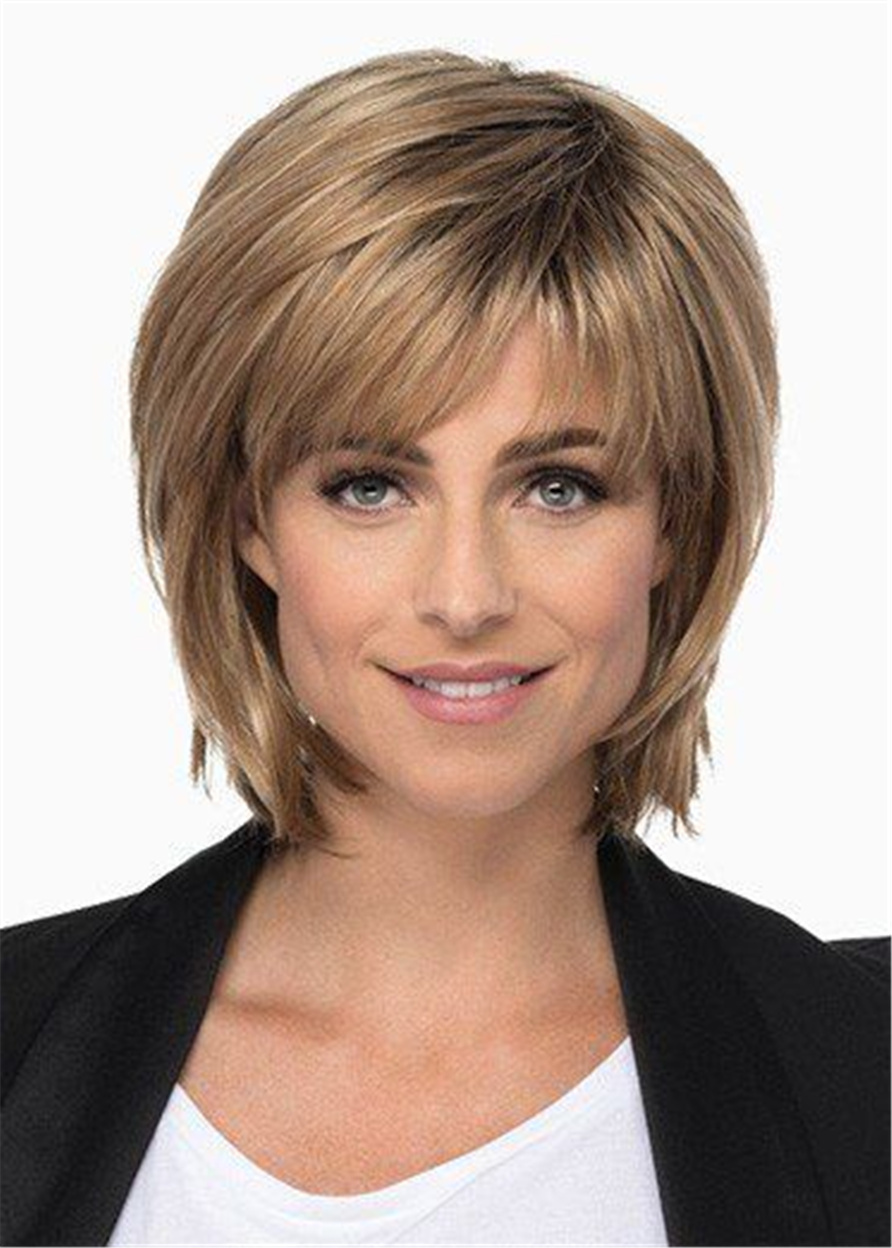 Medium Length Layered Bob With Bangs Synthetic Hair Lace Front Wig 14 Inches