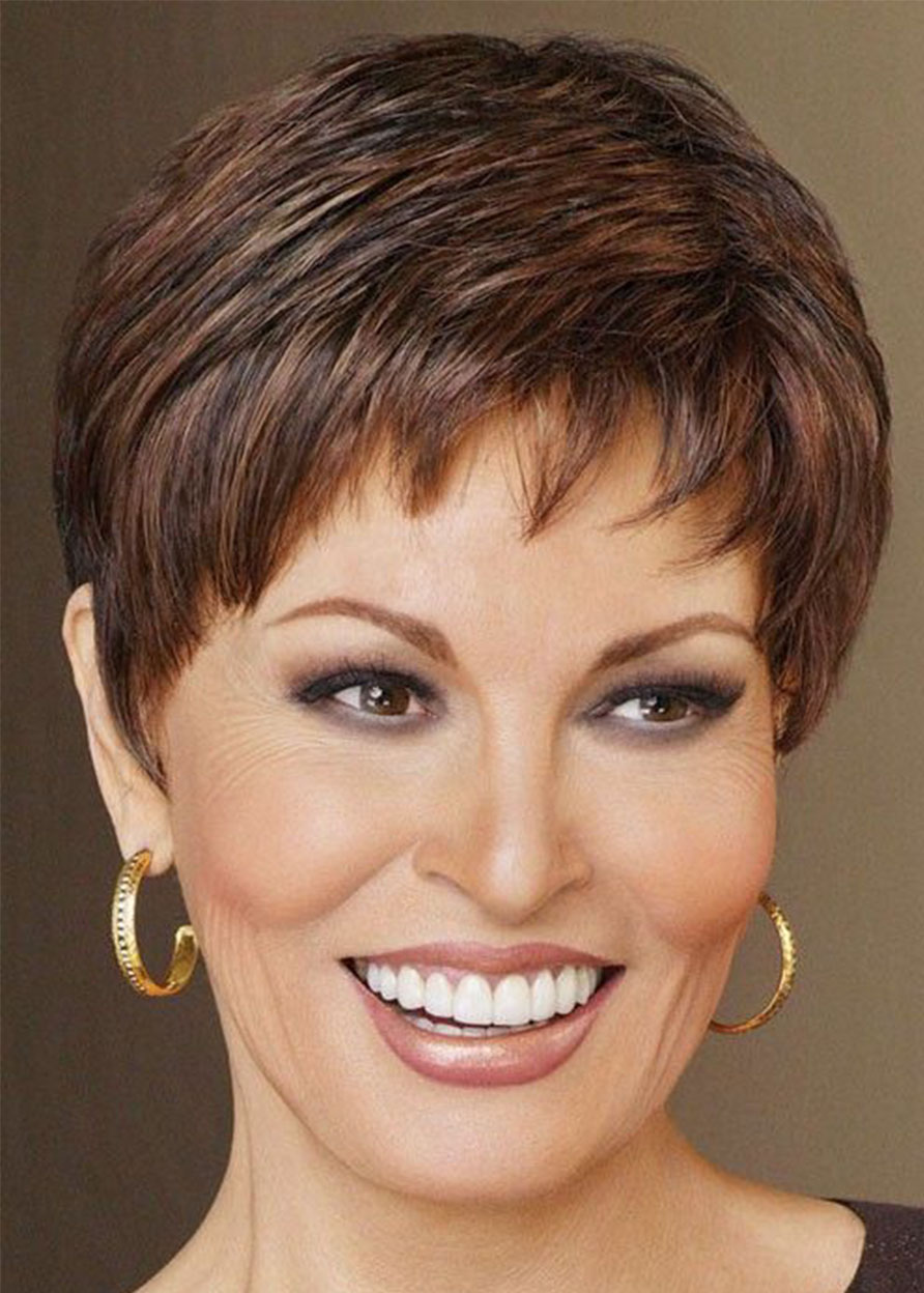 Short Fluffy Brown Hair Wigs with Bangs Heat Resistant Synthetic Hair Lace Front Wig 10inch