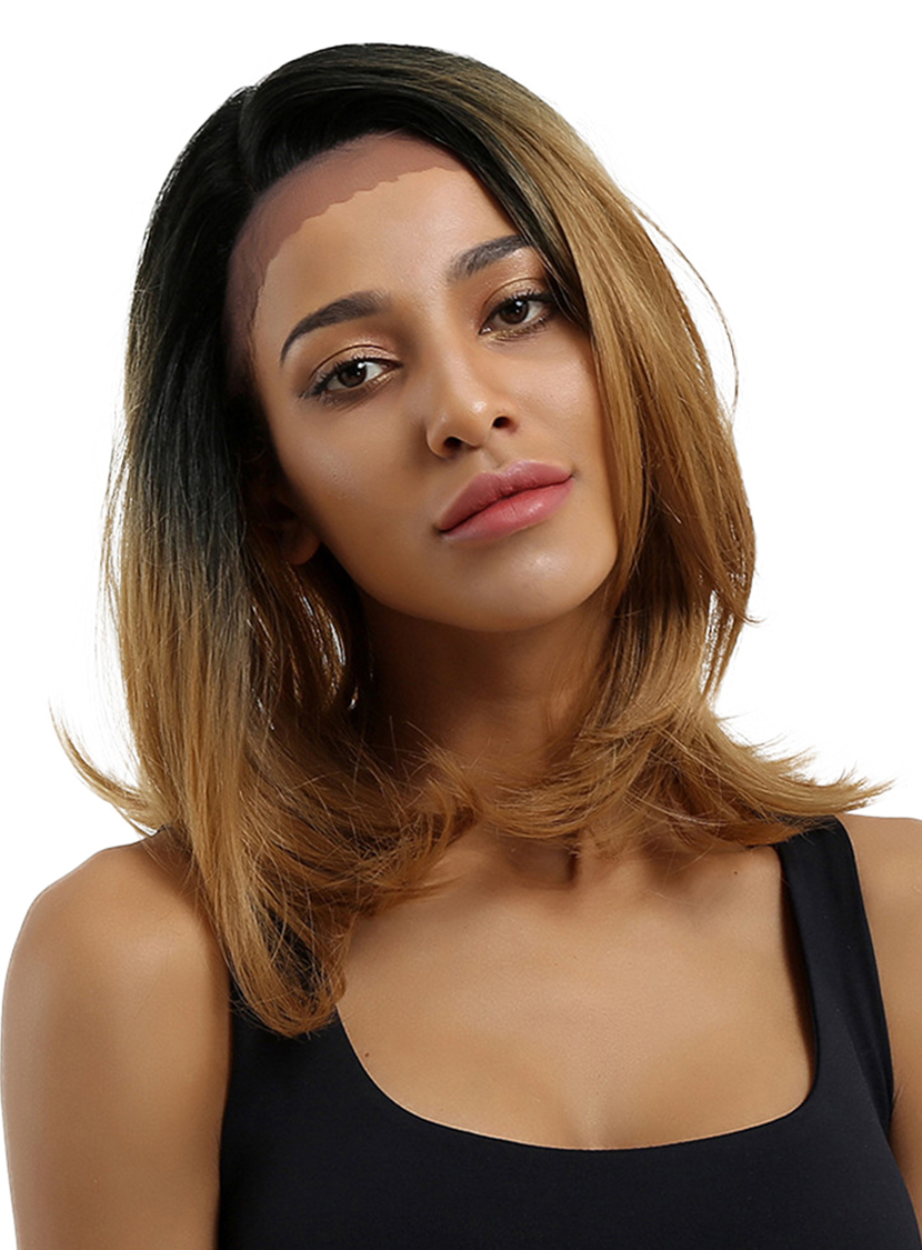 Two Tone Color Mid-Length Straight Synthetic Hair Lace Front Wig 16 Inches