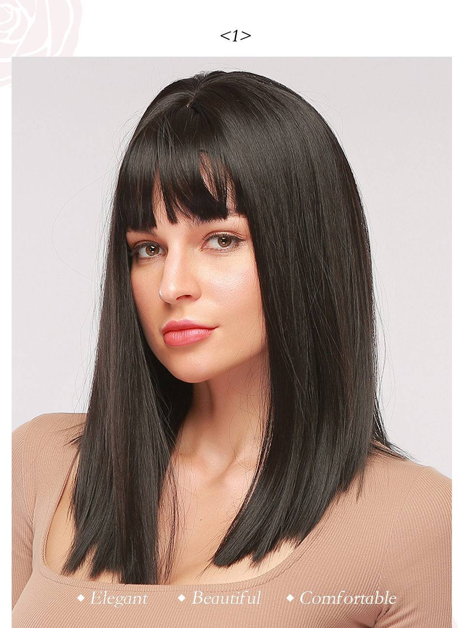 Long Straight Bob Synthetic Hair Wig With Bangs Capless Wig 16 Inches