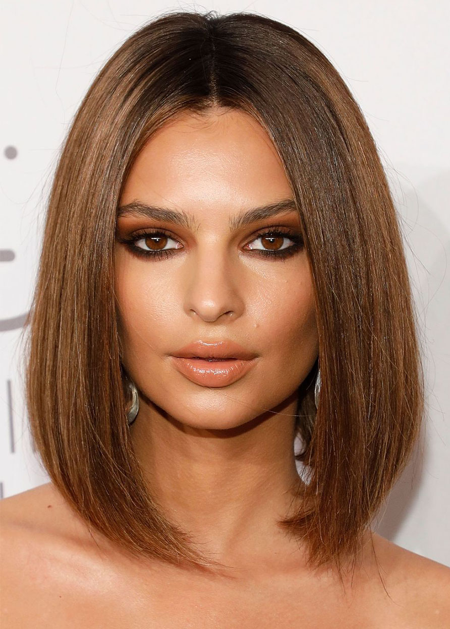 Emrata's Chocolate-Spiked Lob With a Center Part Hairstyle Women's Straight Human Hair Lace Front Wigs 14Inch
