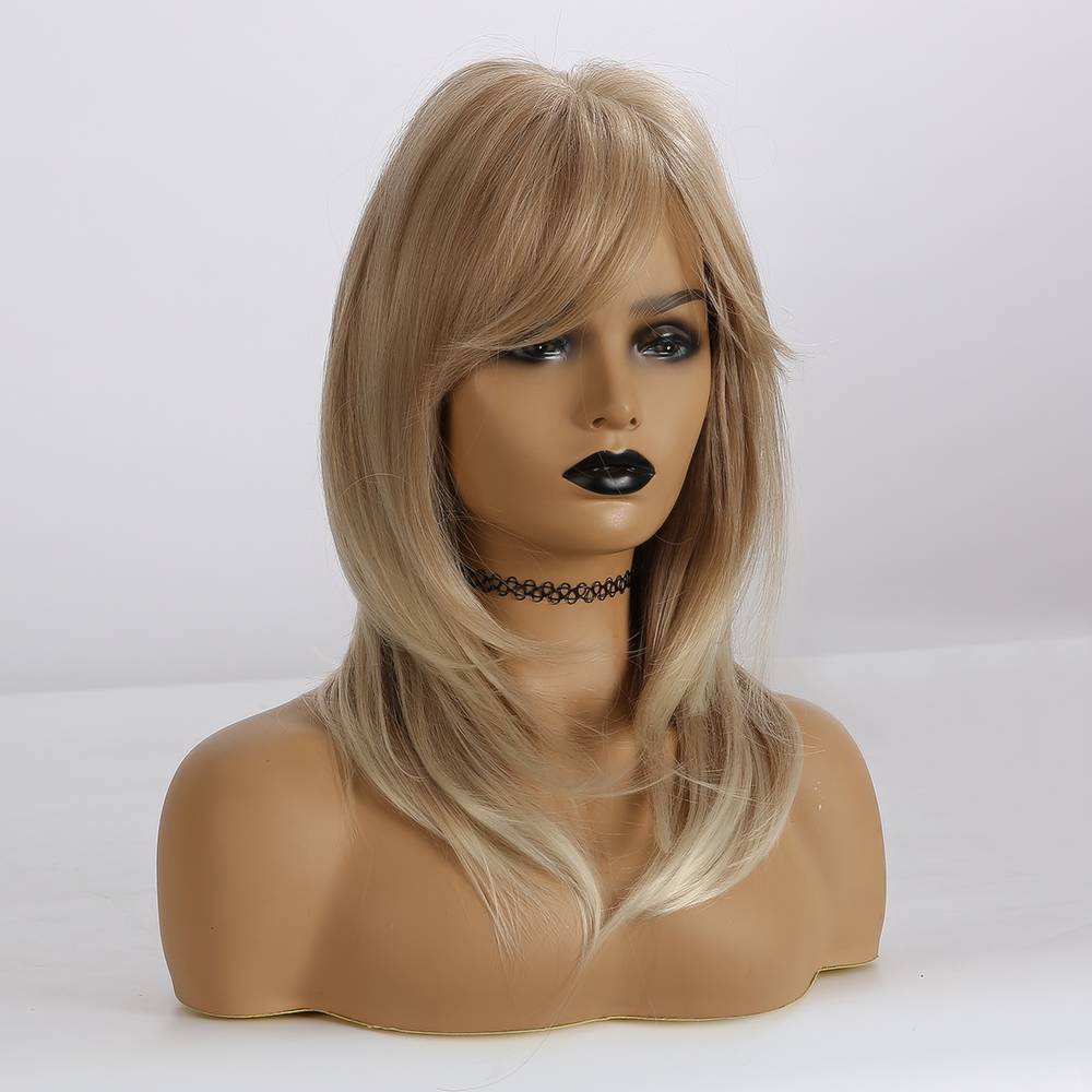 Light Blonde Layered Synthetic Hair Wigs With Bangs 20 Inches