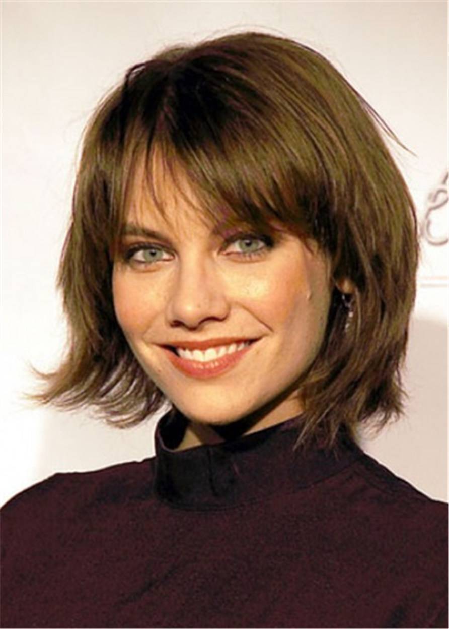 Lauren Cohan Haircut Chin Length Human Hair Capless Wig With Bangs14 Inches