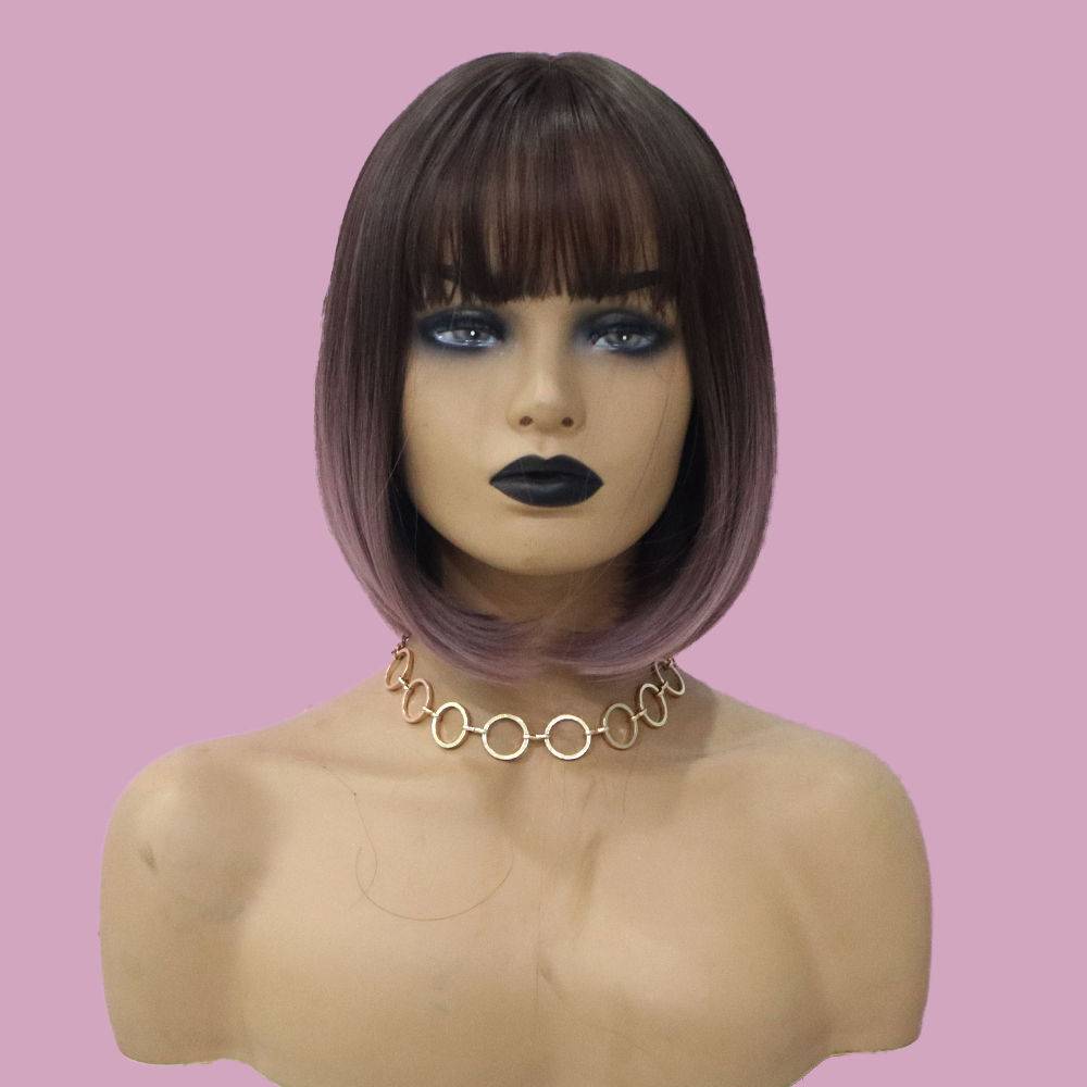 Short Bob Wig with Bangs Capless Straight Synthetic Hair Wigs 12Inch