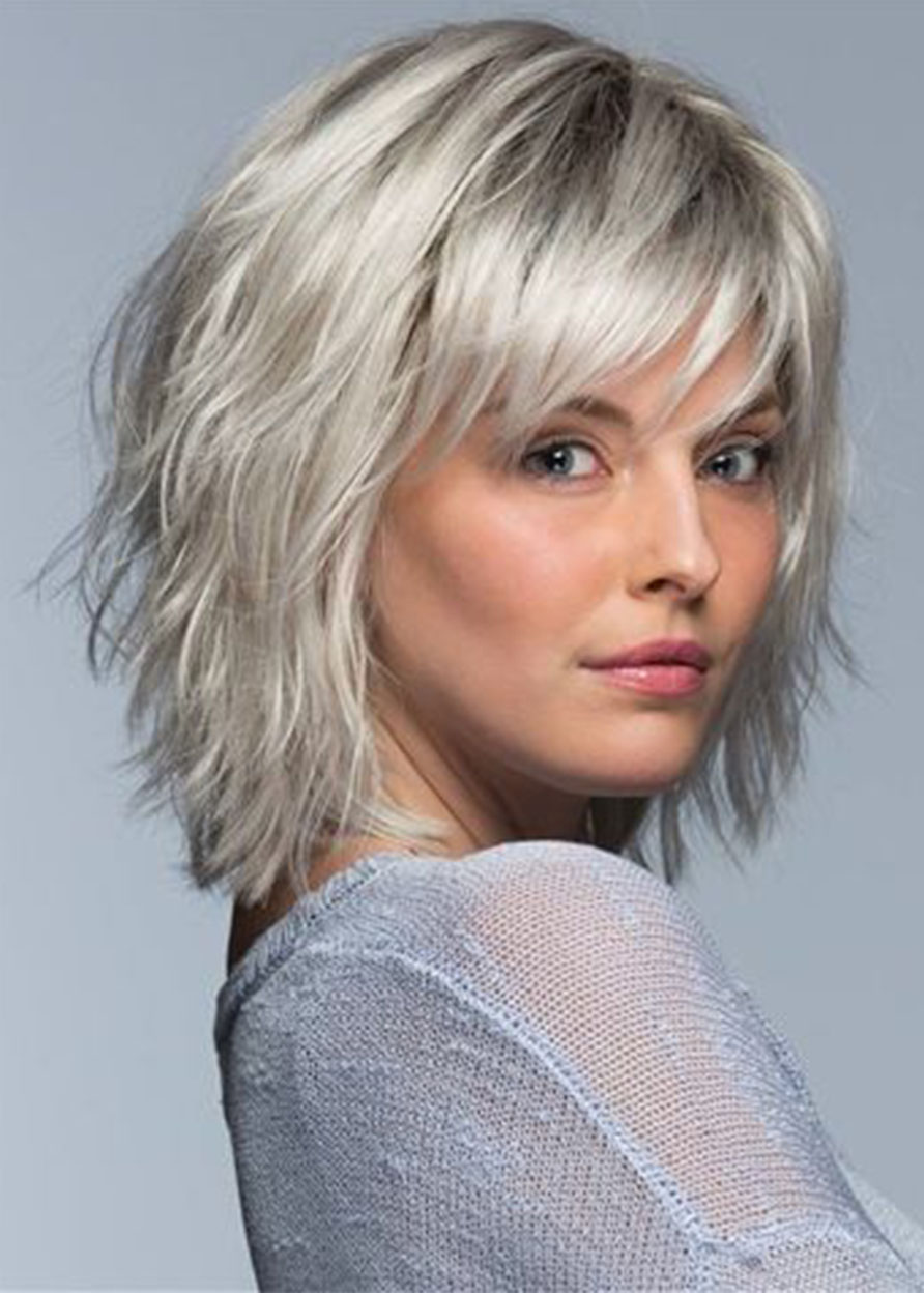 Short Layered Hairstyle Women's Blonde Natural Straight Synthetic Hair Capless Wigs With Bangs 12Inch