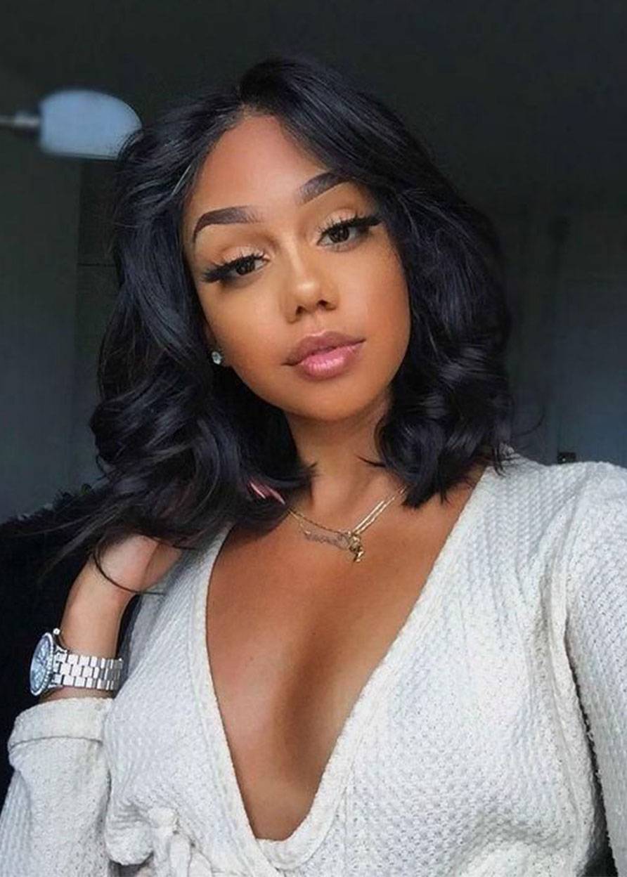 Medium Hairstyle Women's Wavy Human Hair Wigs Natural Looking Lace Front Wigs 14Inch