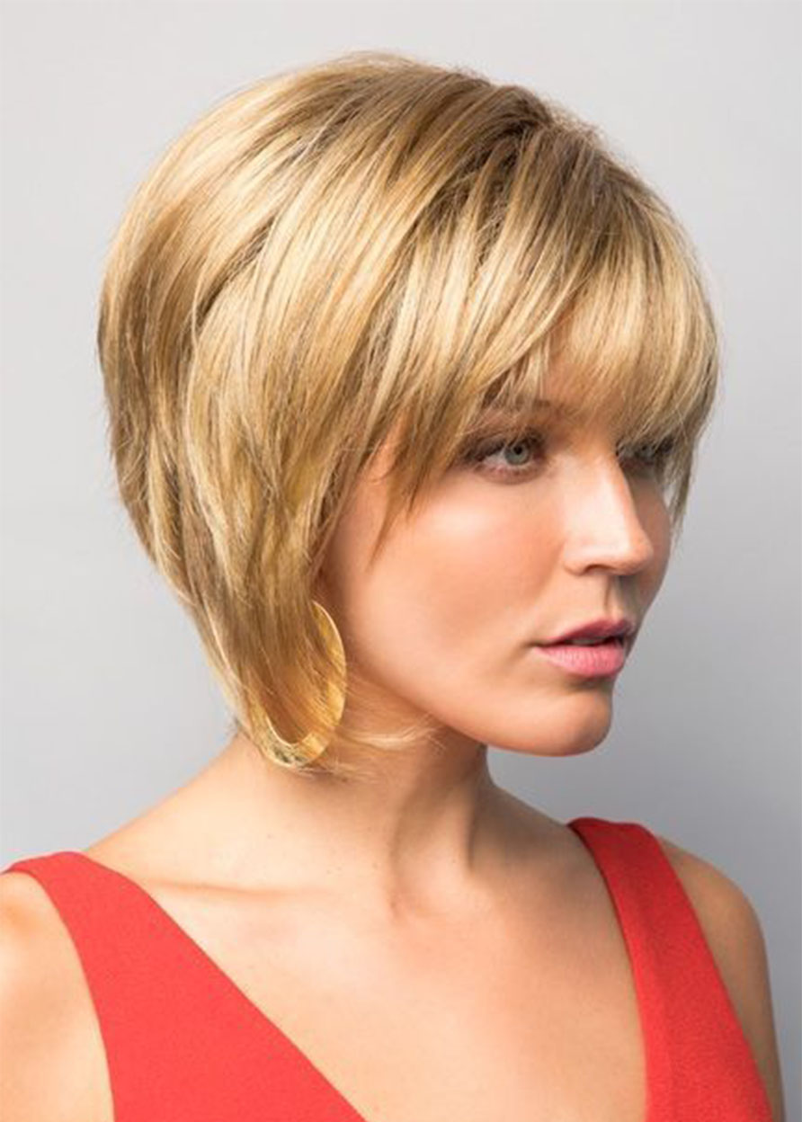 Natural Looking Women's Short Bob Hairstyles Straight Human Hair Wigs With Bangs Lace Front Wigs 10Inch