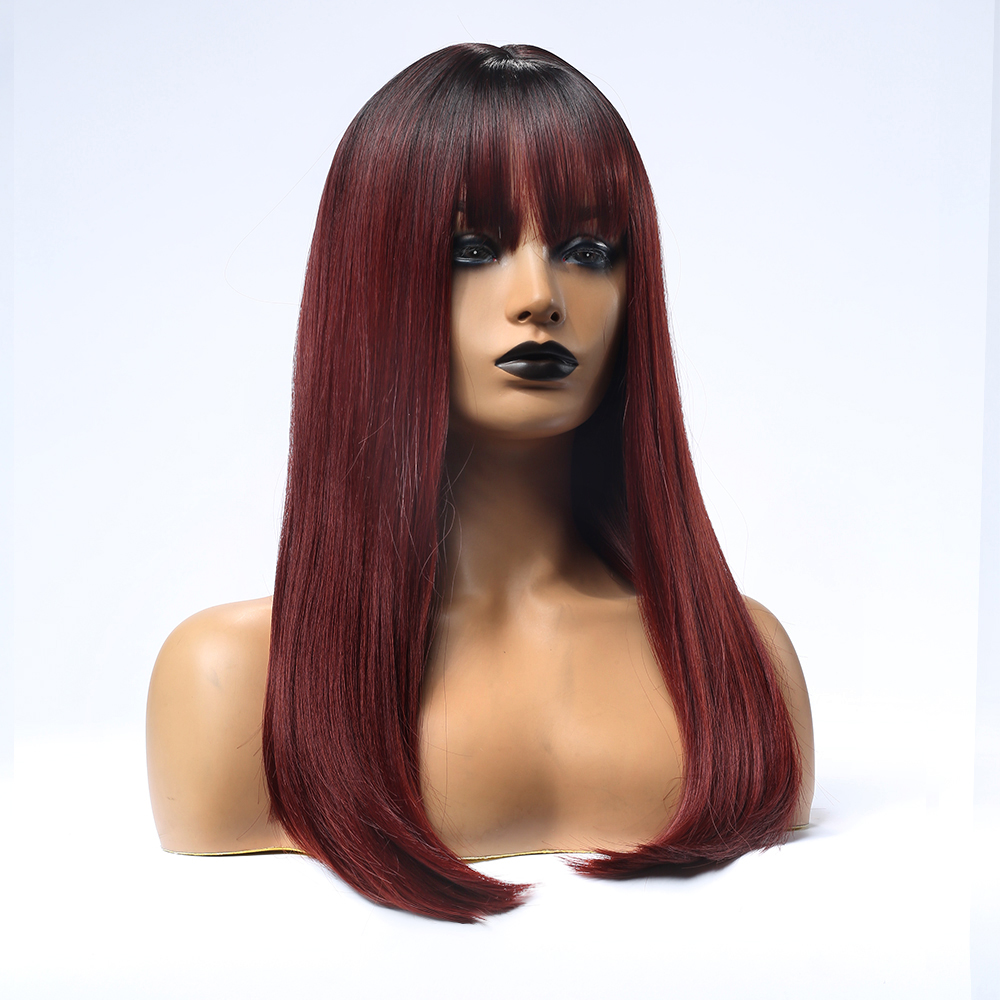 Black Rooted Ombre Red Synthetic Hair Wigs With Bangs For African American Wigs