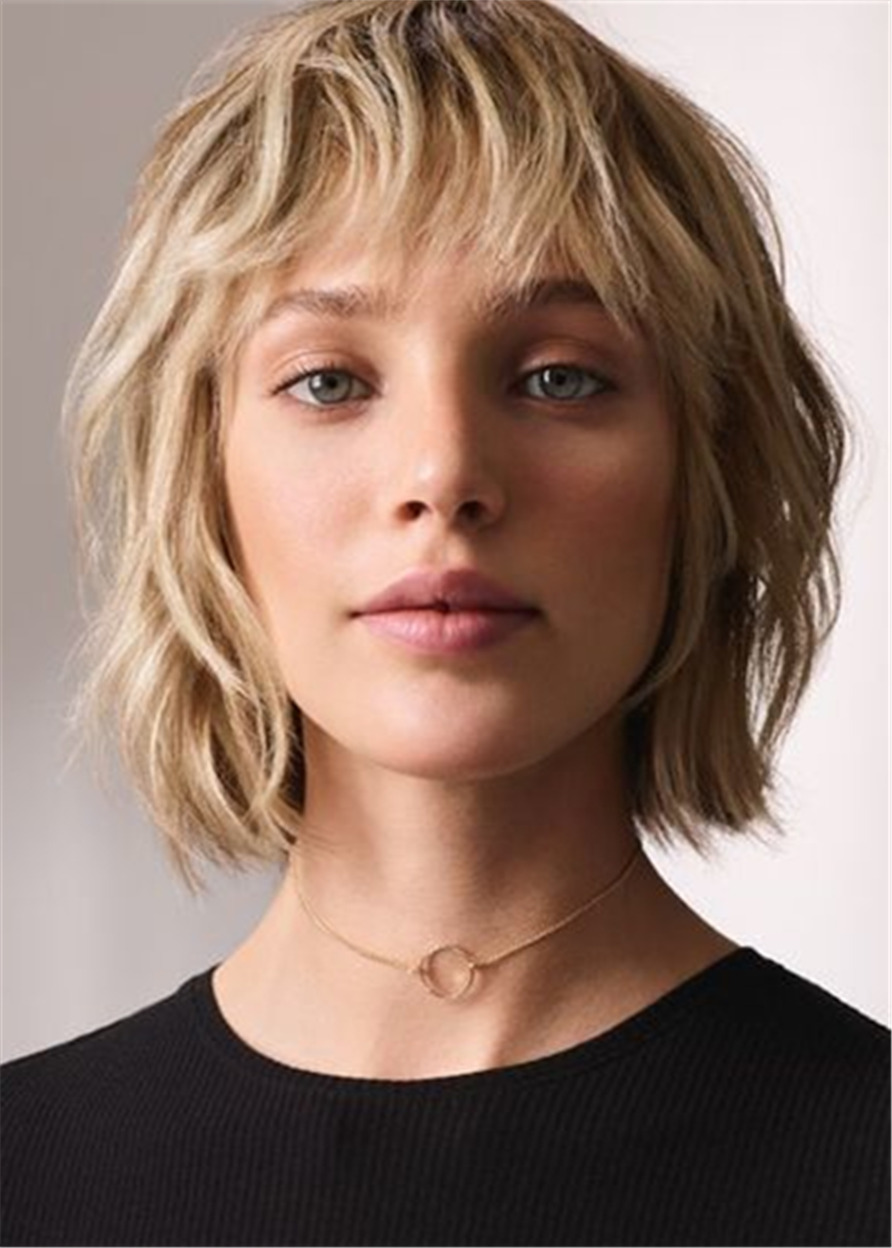 Medium Hairstyles With Bangs Wavy Synthetic Hair Capless Wigs 12Inch