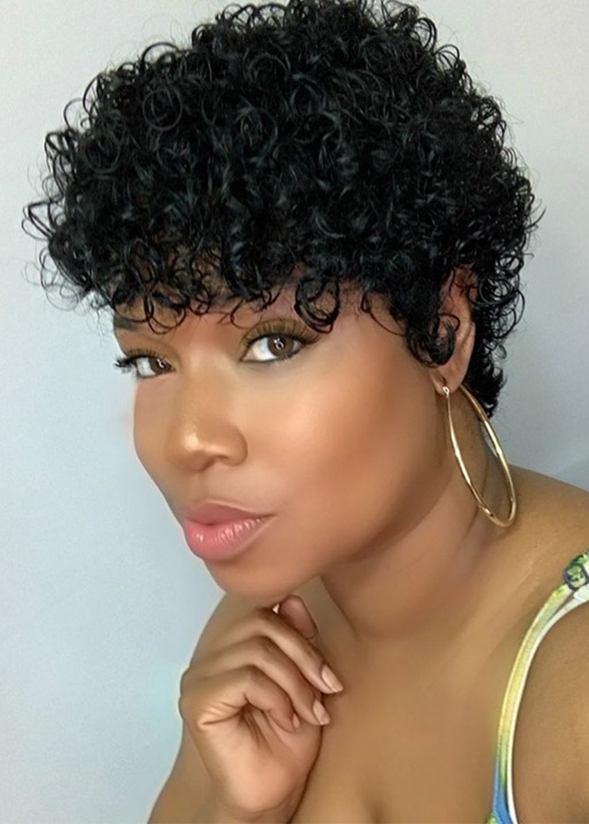 Short Pixie Cut Curly Hairstyle Human Hair Capless Wigs For African American Women 6Inch