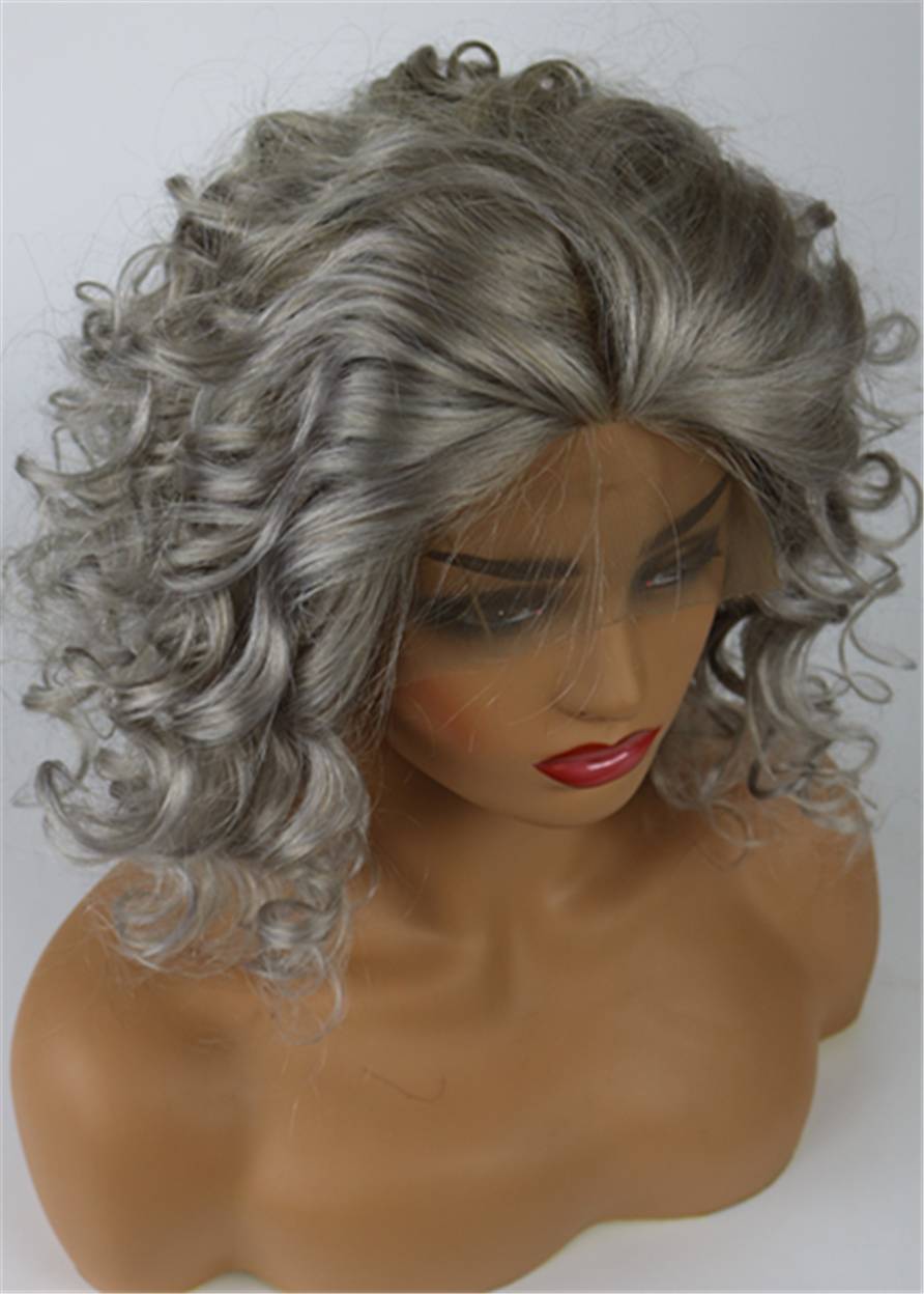 Medium Salt And Pepper Hair Curly Human Hair Lace Front Women Wigs for Older Women