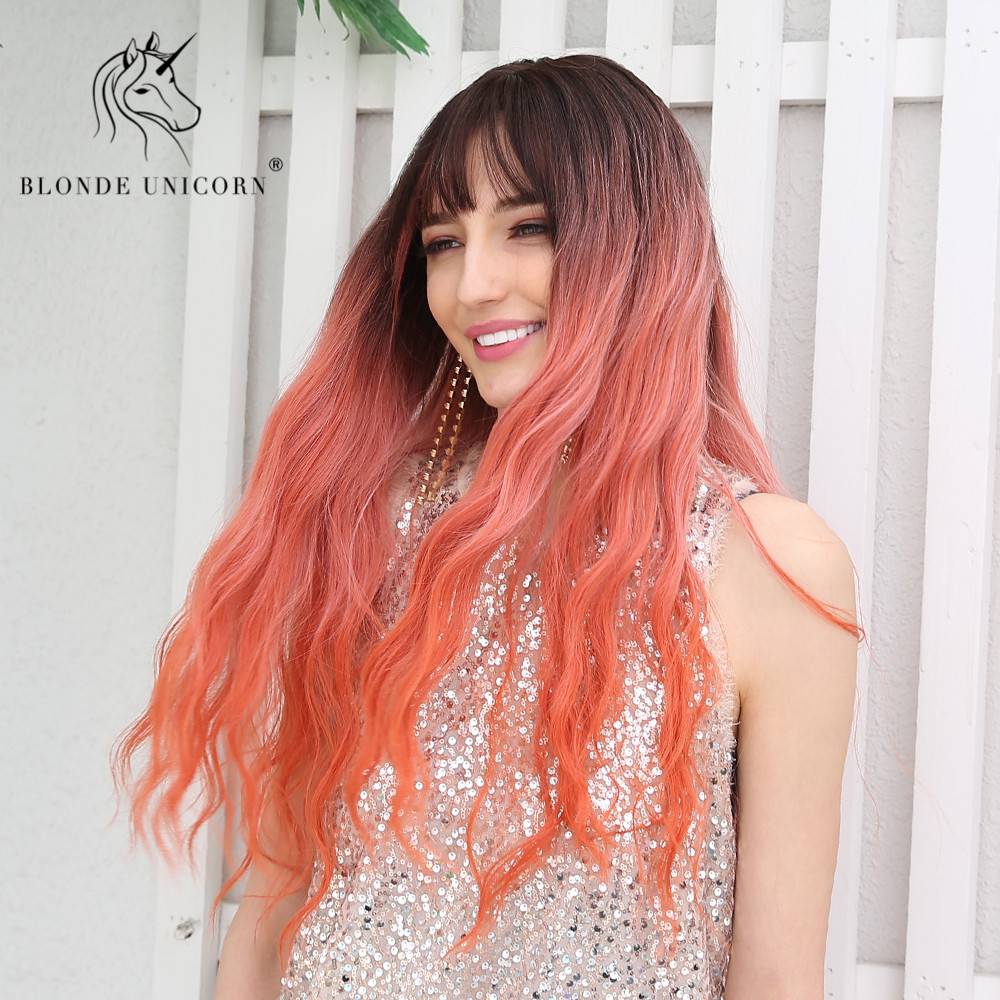 Ombre Hair Long Wavy 	Synthetic Hair With Bangs Women Wig 26 Inches