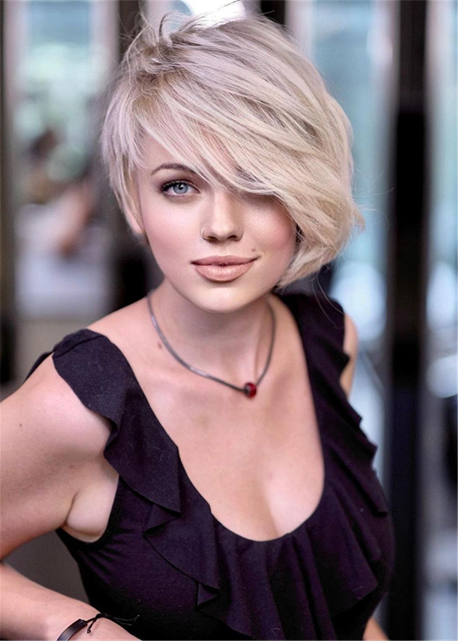Blonde Asymmetrical Bob Hairstyle Wavy Human Hair With Bangs Capless Wigs 10 Inches