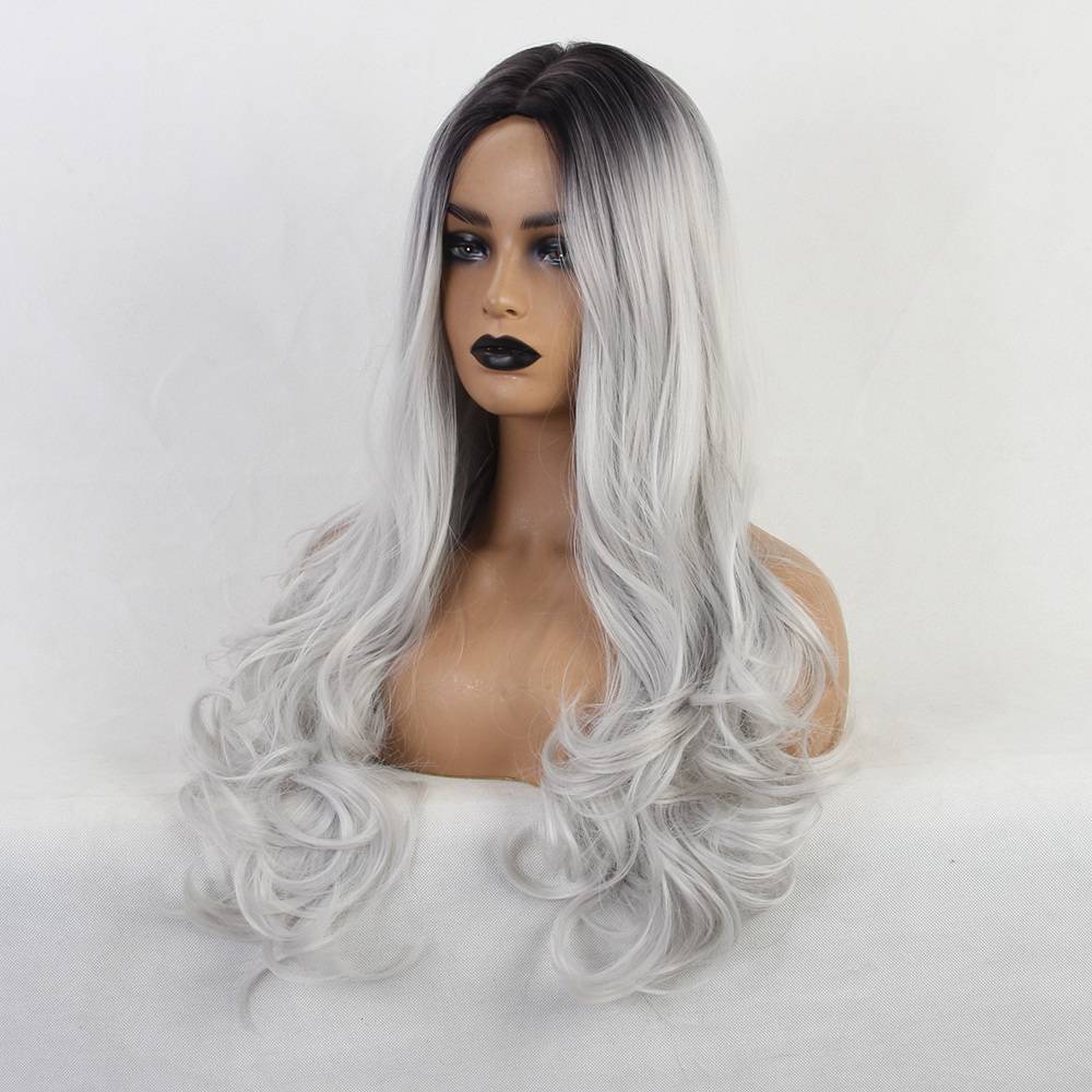 Ombre White Color Long Synthetic Hair Wavy Wig 24 Inches