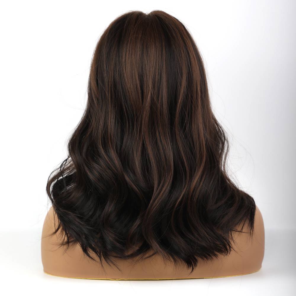 Dark Brown Highlights Wave Synthetic Hair Wigs With Bangs 20 Inches