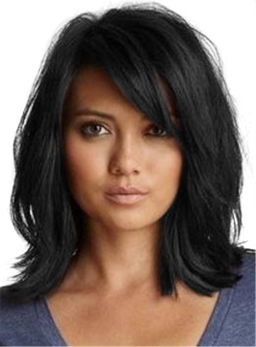 Loose Messy Lob Medium Wave Synthetic Hair With Bangs Capless Wigs 14 Inches