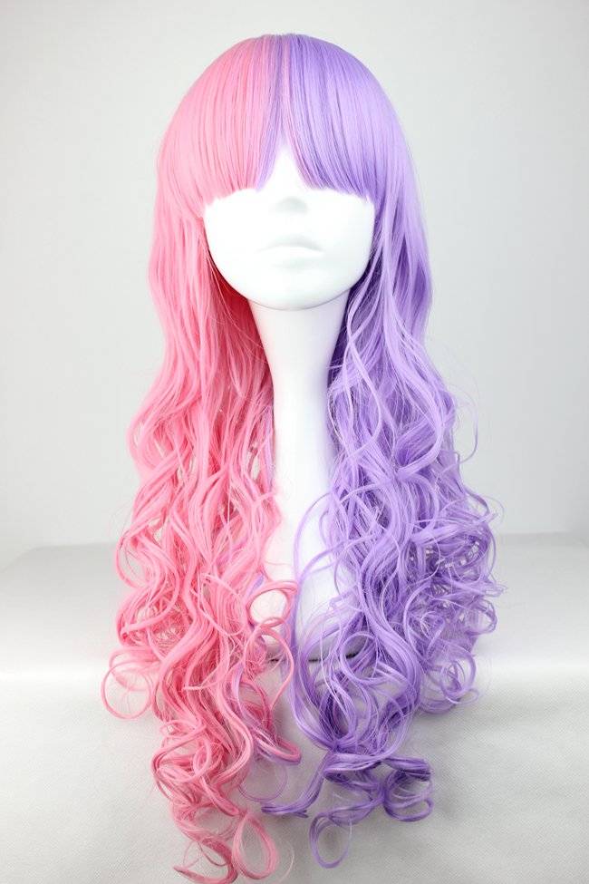 Pretty Lolita Hairstyle Long Curly Pink with Purple Mixed Synthetic Hair Cosplay Wig 28 Inches