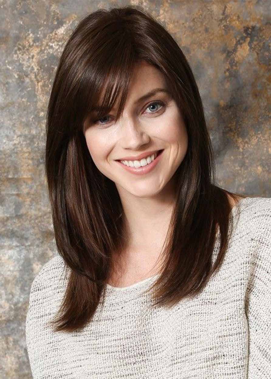 Medium Hairstyles Women's Natural Looking Straight Synthetic Hair Capless Wigs With Bangs 20Inch