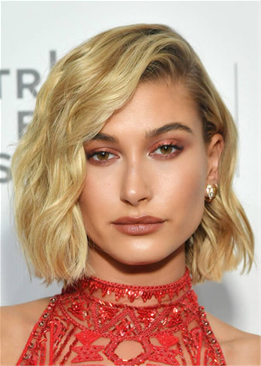 Hailey Baldwin Short Wavy Cut Human Hair Lace Front Wig 12 Inches