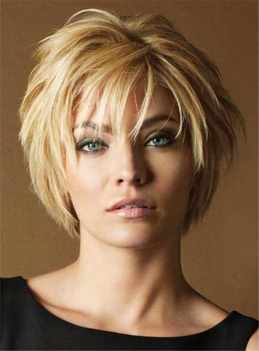 Short Layered Straight Human Hair with Bangs Capless Wigs