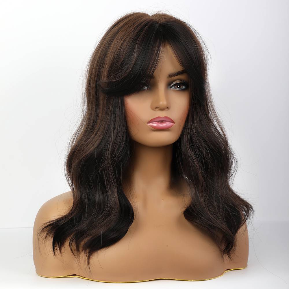 Dark Brown Highlights Wave Synthetic Hair Wigs With Bangs 20 Inches