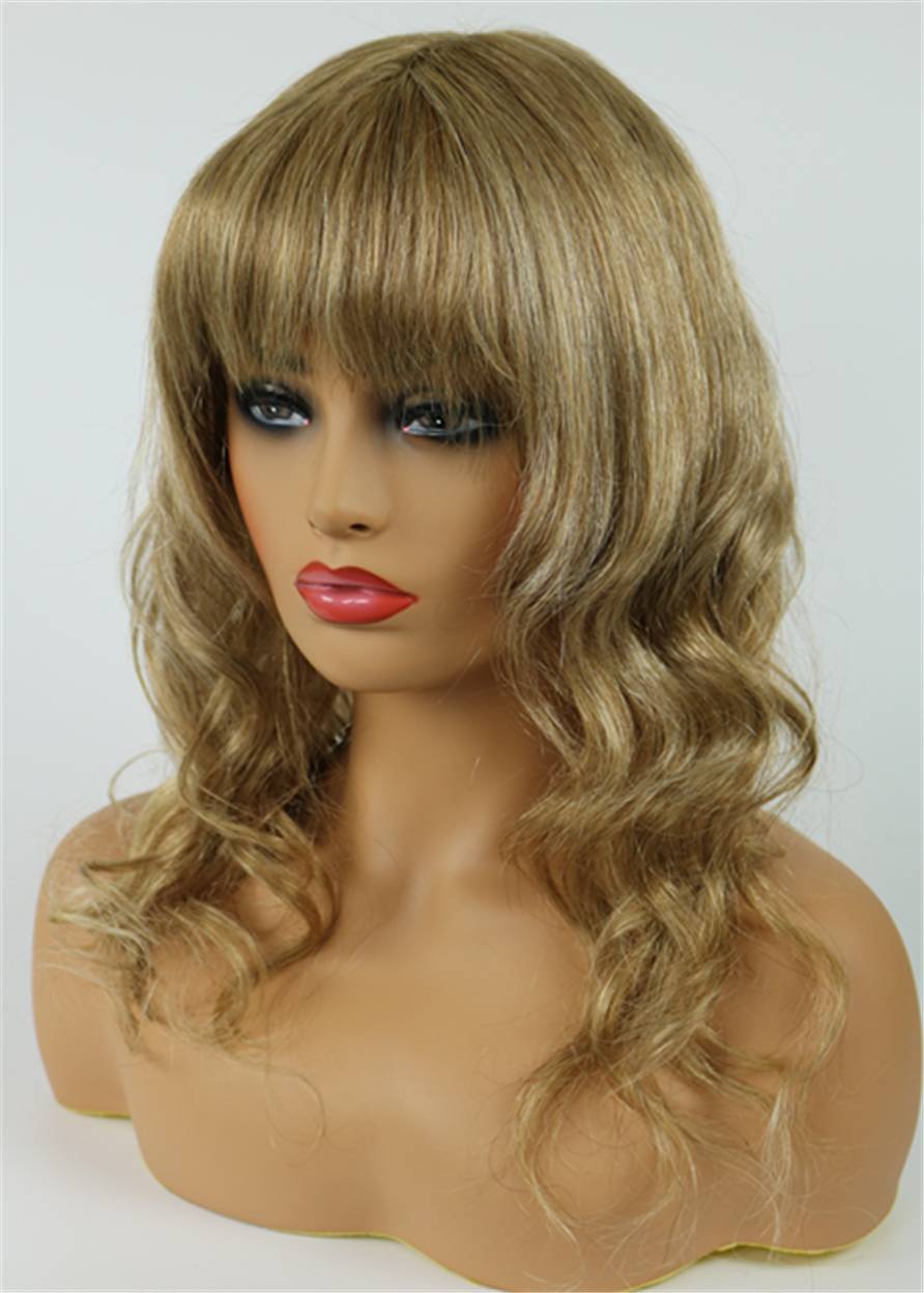 Medium Wavy Cut With Bangs Human Hair Capless Wig 16 Inches