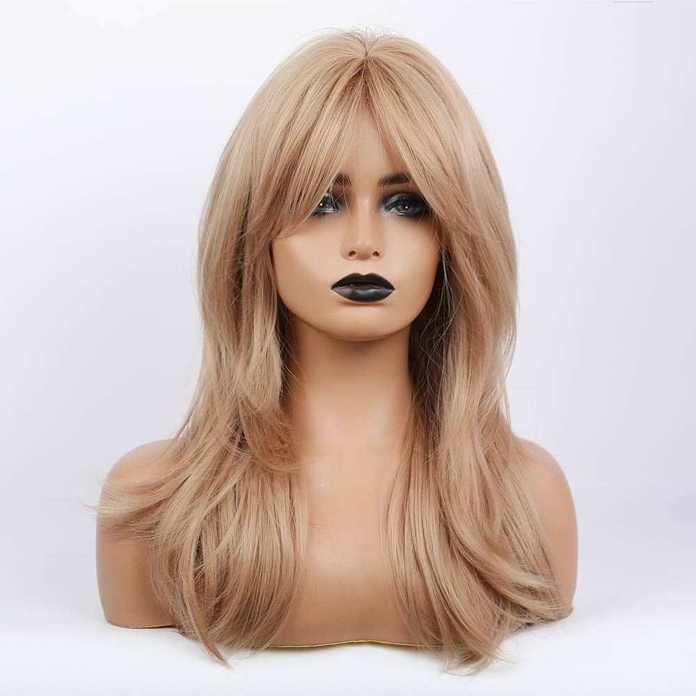 Long Blonde Straight Layered Synthetic Wigs Middle Part With Bangs 24 Inches