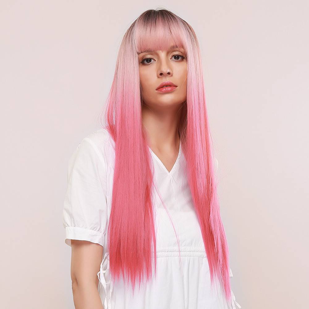 Women's Silky Straight Pink Color Synthetic Hair 130% Density Capless Wigs 28Inches