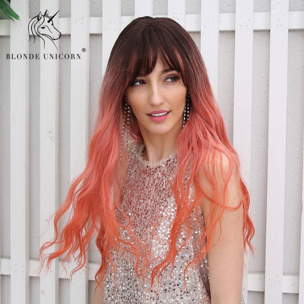 Ombre Hair Long Wavy 	Synthetic Hair With Bangs Women Wig 26 Inches