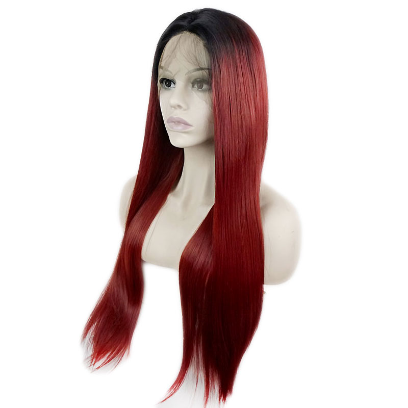 Black/Wine Red Ombre Long Straight Lace Front Synthetic Wig