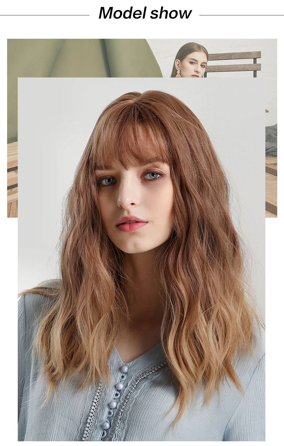 Long Brown Wavy Synthetic Hair With Bangs Women Wig 20 Inches