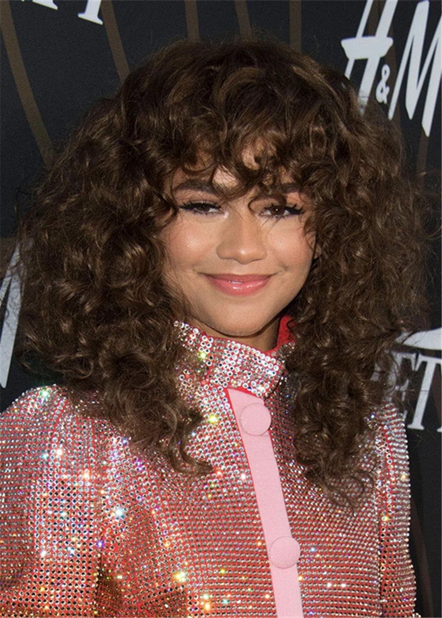 Zendaya's Hairstyle Long Afro Curly With Bangs Women's Kinky Culry Synthetic Hair Wigs 18 Inch