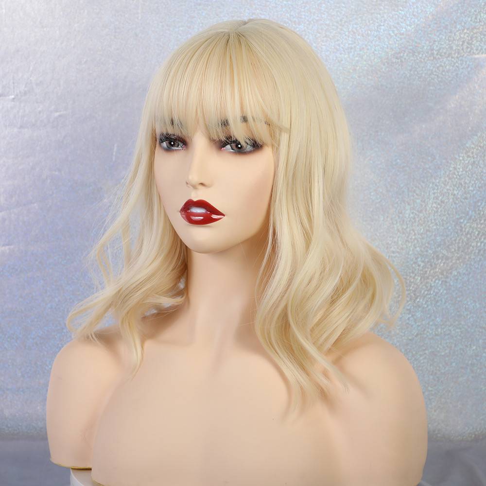 Women's Long Wavy Bob Synthetic Hair Wigs With Neat Bangs 14 Inches