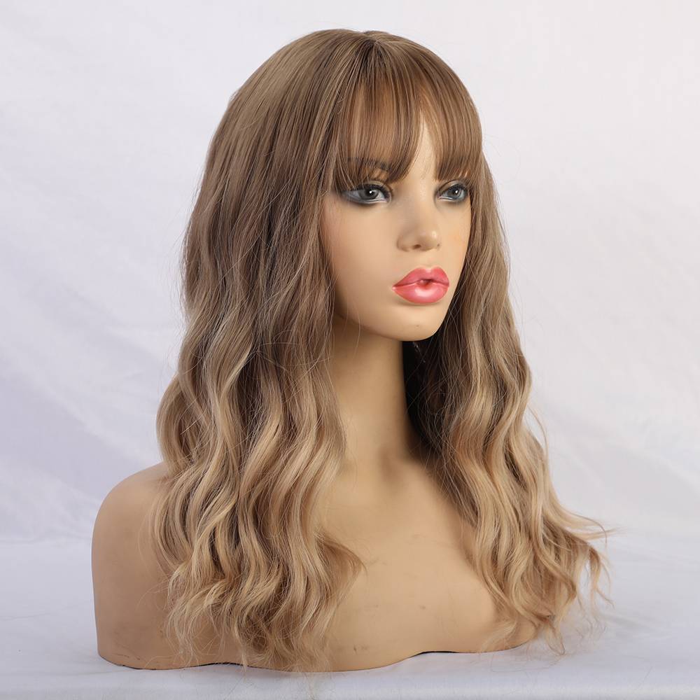 Long Brown Wavy Synthetic Hair With Bangs Women Wig 20 Inches