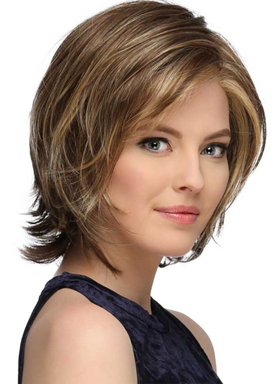 Women's Short Softly Layered Bob Hairstyles Lace Front Cap Wigs Straight 100% Human air Wigs 12Inch