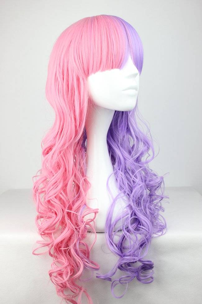 Pretty Lolita Hairstyle Long Curly Pink with Purple Mixed Synthetic Hair Cosplay Wig 28 Inches